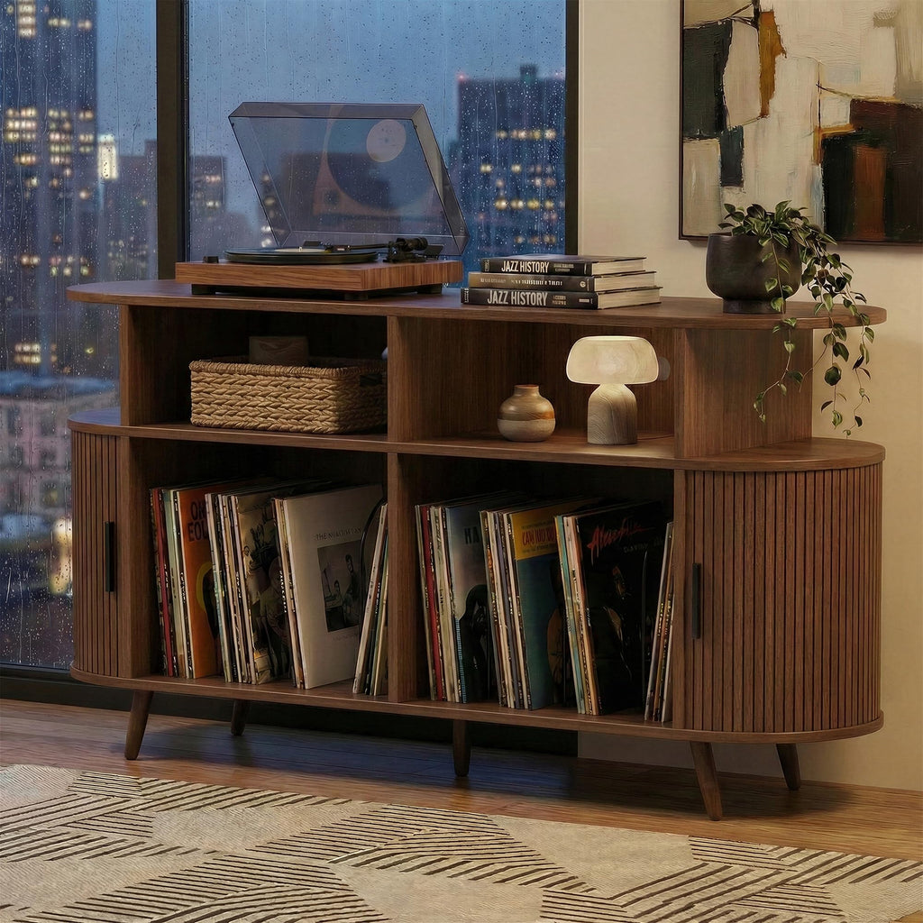 Large Record Player Stand with Storage, Media Stereo Shelf Charging, Walnut