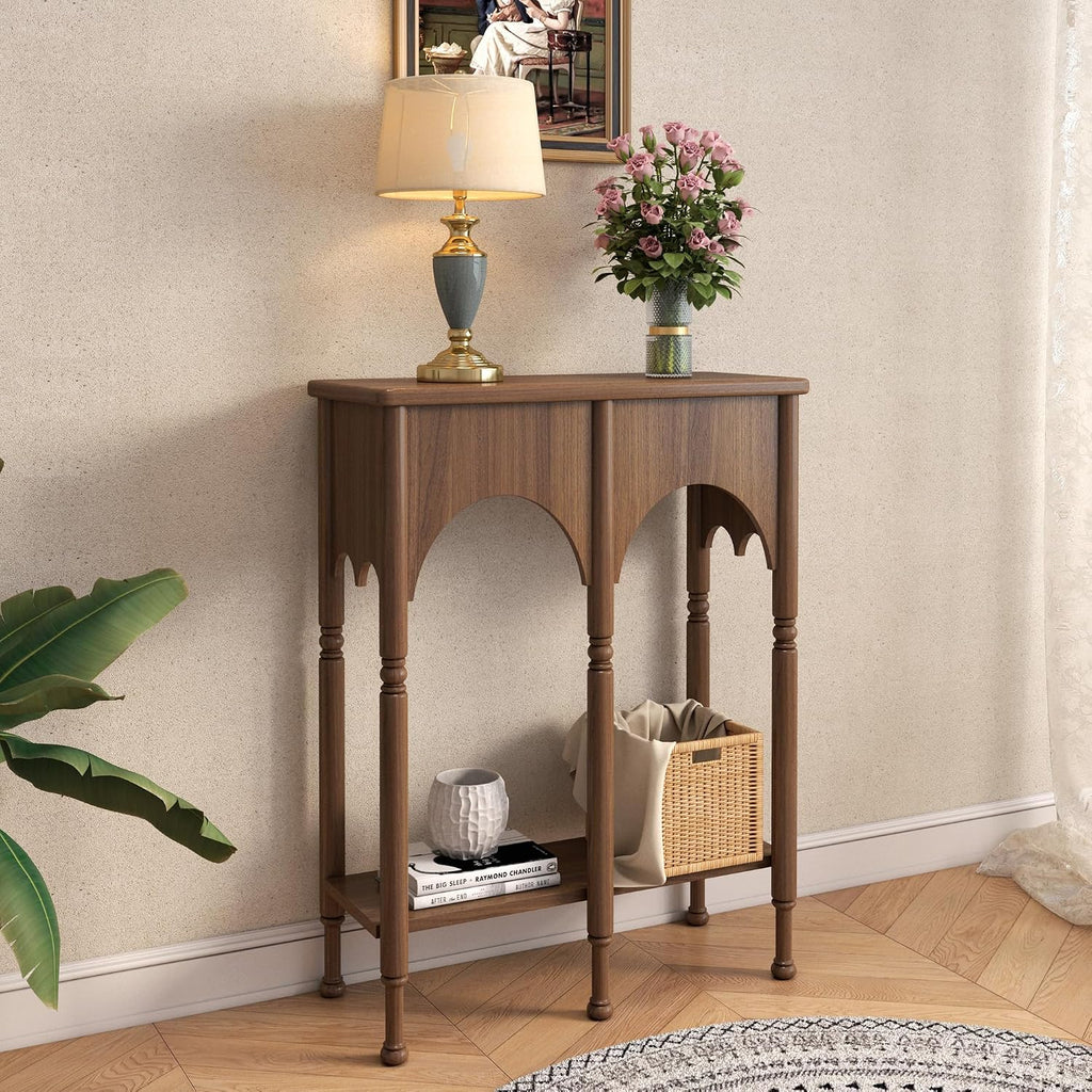 Console Table with Storage Shelf, 28" Retro 2-Tier Entryway Table, Wooden Sofa Table with Roman-Style Legs , Brown