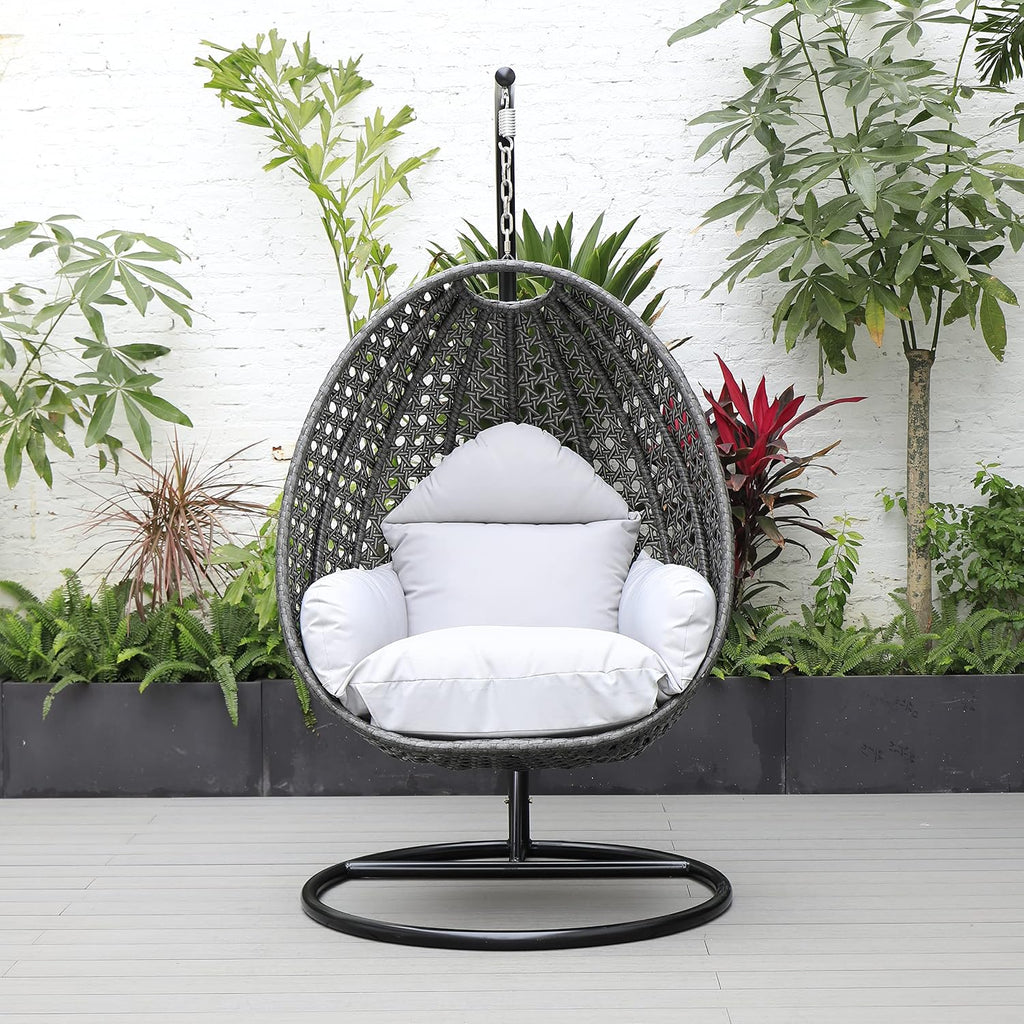 Charcoal Wicker Rattan Hanging Egg Swing Chair for Indoor Outdoor Bedroom Patio with Stand and Cushion (Light Grey)