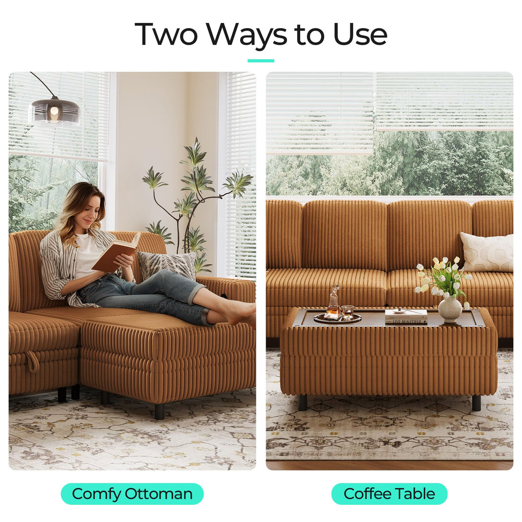 Sectional Sleeper Sofa Storage Ottoman Bench, Convertible Coffee Table Plush Corduroy Couch Ottoman Footstool