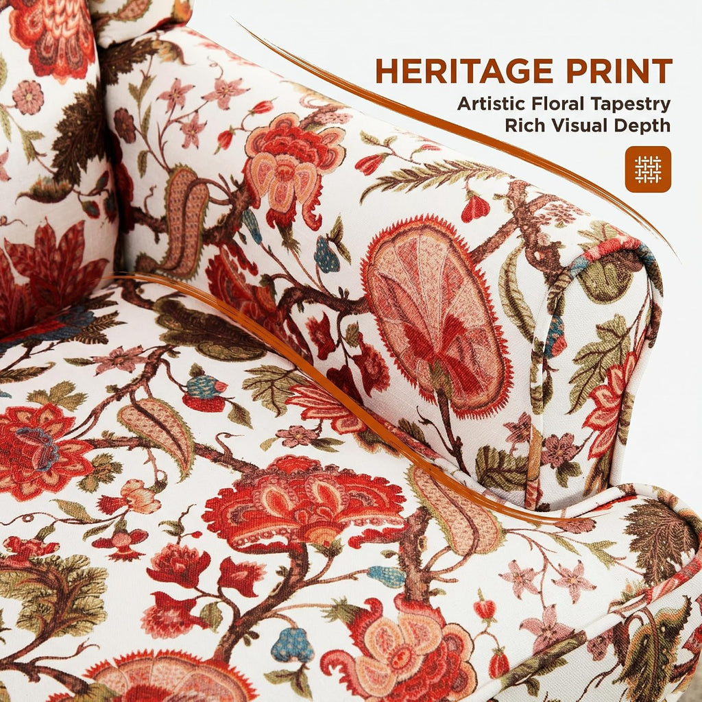 Mid Century Floral Wingback Accent Chair Floral Red | High Back/Retro Wooden Legs/ Breathable Linen Fabric