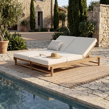 Set of 2 Outdoor Chaise Lounges with 3-Fold Cushions, Acacia Wood Recliner Chair Frame with Slatted Design
