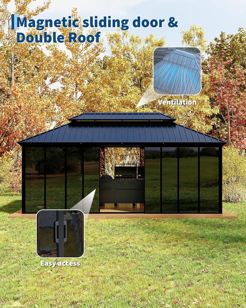 12x20 ft Sunroom Hardtop Gazebo, Enclosed Gazebo with Floor-to-Ceiling Sliding Doors