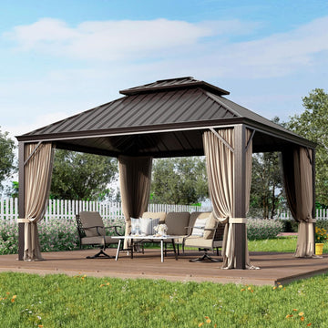 12 X 14ft Hardtop Gazebo with Nettings and Curtains, Heavy Duty Double Roof Galvanized Steel
