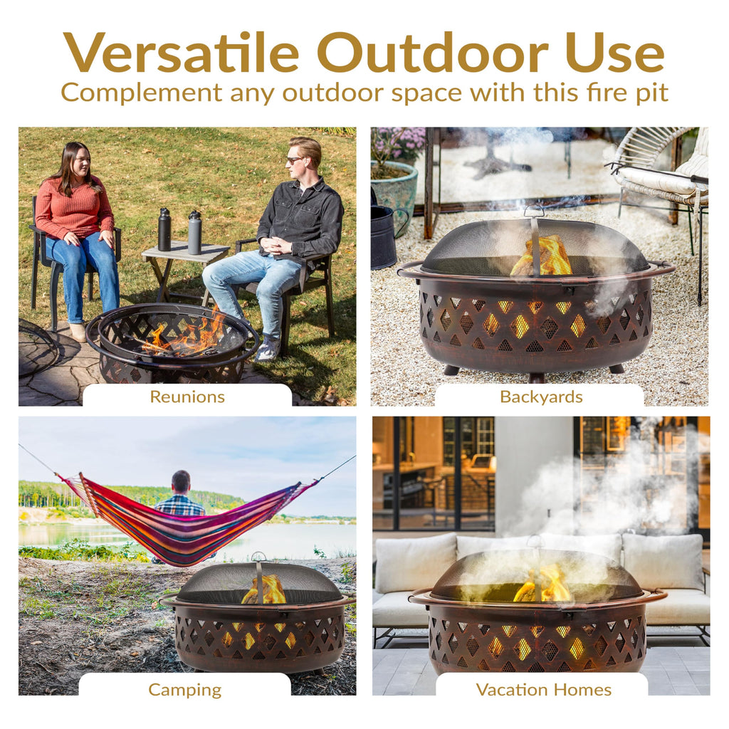 Crossweave 36" Large Outdoor Fire Pit, Wood Burning, Round