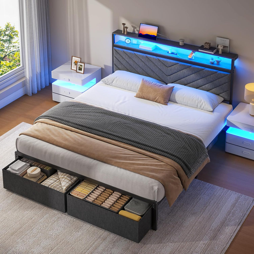 Queen Bed Frame with 2 Drawers, Upholstered Headboard with Storage and Charging Station, LED Lights