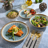 Mayfair Bay 16-Piece Embossed Double Bowl Dinnerware Set, Service for 4 - Blue Stoneware Plates and Bowls
