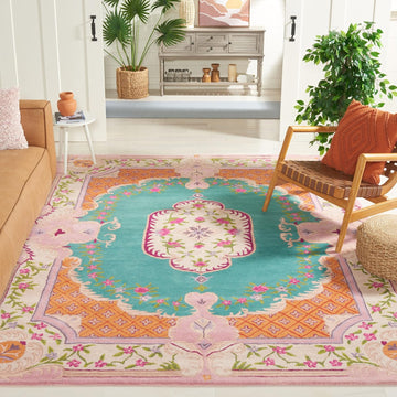 Bellagio Area Rug, Blue & Pink, Handmade Medallion Wool