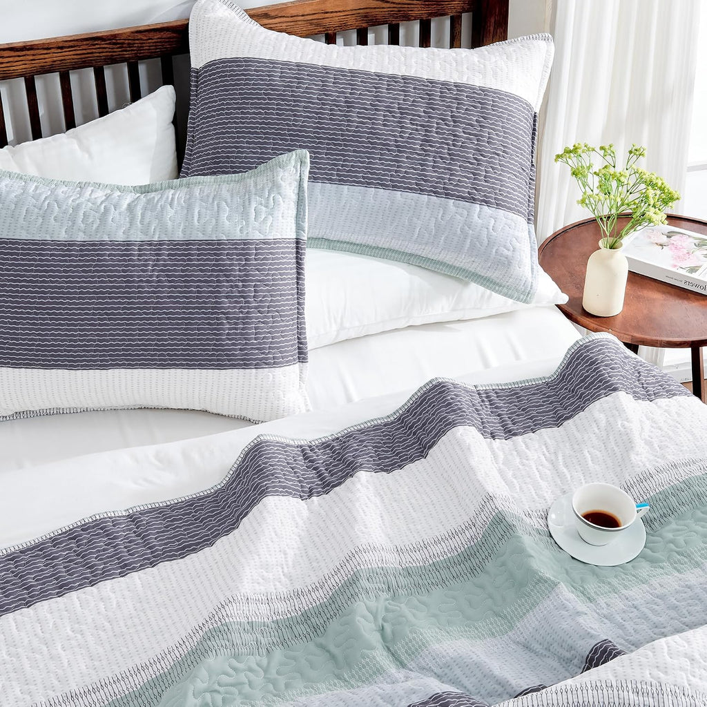 Queen Quilt Bedding Set Sage Green, 3 Pieces Striped Bedspreads - Set of 3