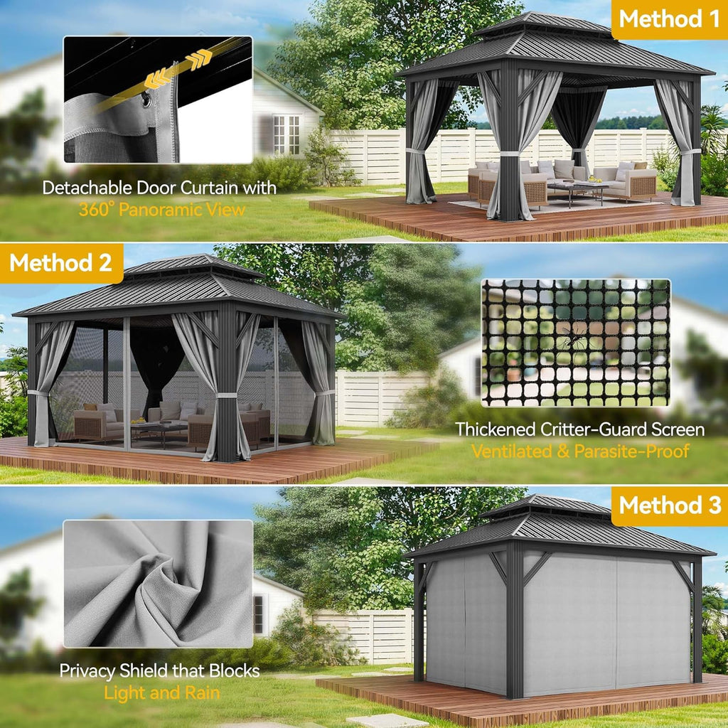 14x12FT Gazebo Hardtop Outdoor Double Roof with Nettings and Curtains