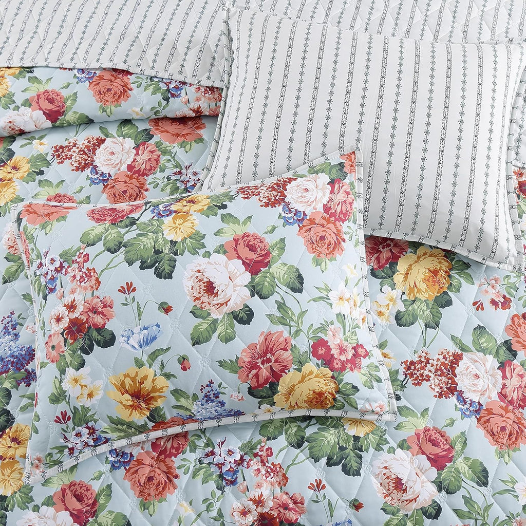 Floral Quilt Set, 3 Piece Reversible Lightweight Soft Bedspread Coverlet, Garden Farmhouse Botanical Diamond