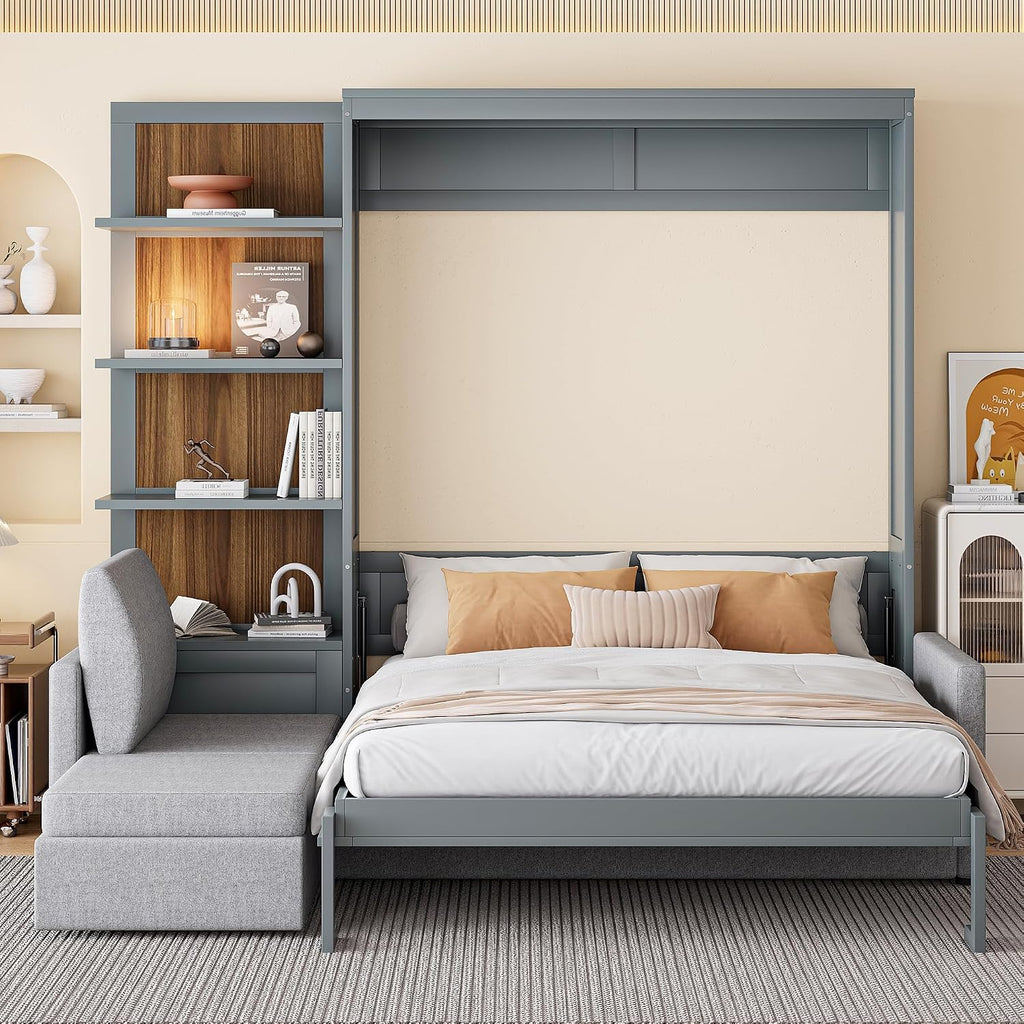 Queen Murphy Bed with Sofa and Shelves, Gray | Space-saving sleeping solution with integrated seating and display