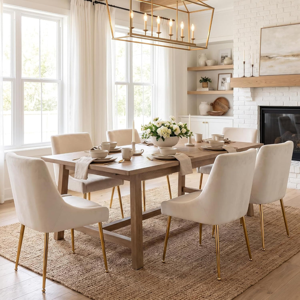 Cream Velvet Dining Chairs Gold Legs, Armless Upholstered Dining Room Chair | Set of 2 Padded Accent Chair with Wing