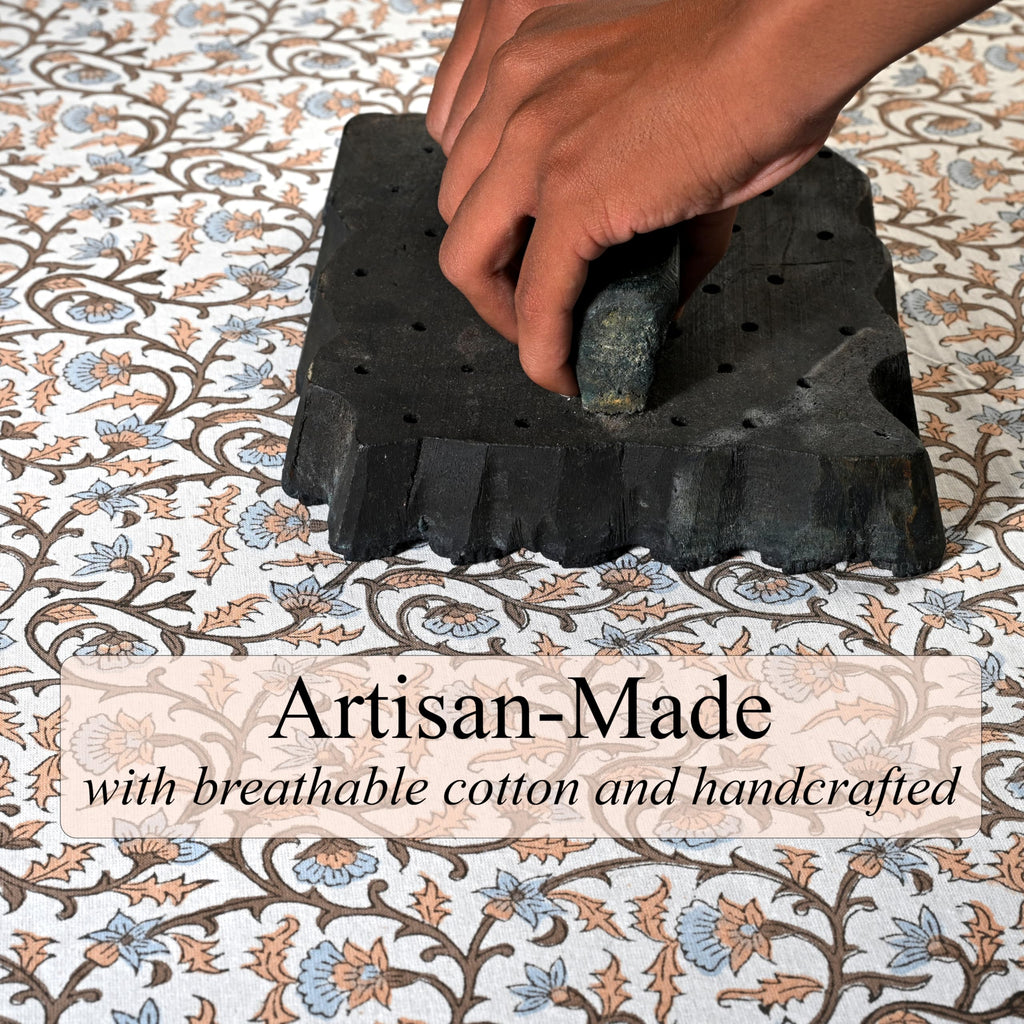 Brown Meadow Vine Hand Block Print Rectangle Tablecloth 108x60 Inch