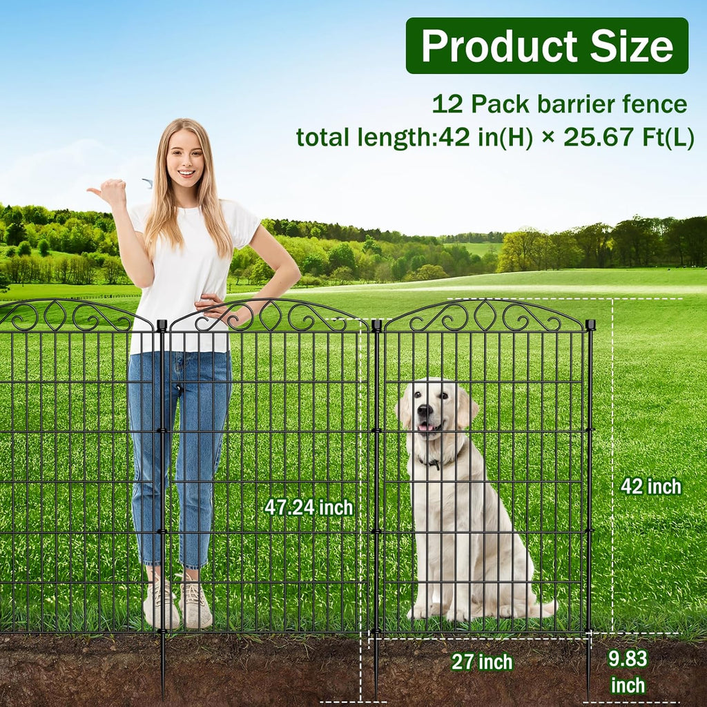 12 Panel No Dig Decorative Garden Fence with Gate - 42in H x 25.67 ft L, Tall Animal Barrier for Dogs Rabbits