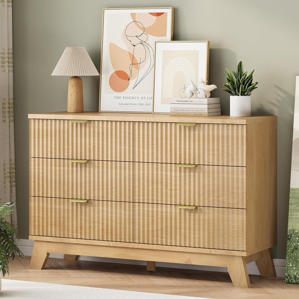 Fluted Dresser with 6 Drawers, 48" Wide Modern Chest of Drawers with Metal Handle, Wooden Dresser TV Stand, Wood