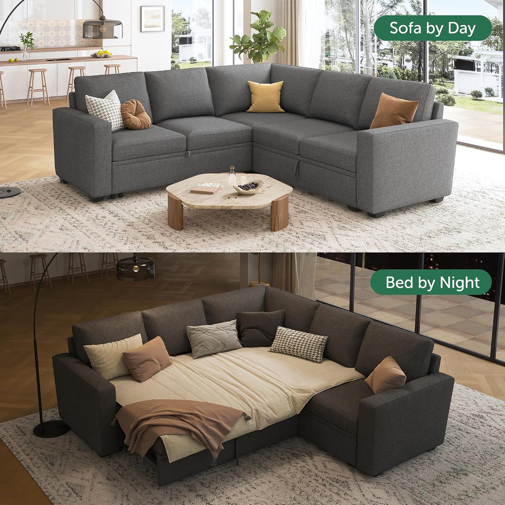 Sectional Sleeper Sofa with Pull Out Bed, L Shaped Couch with Storage Seat, Modular Sectional Couches , Dark Grey