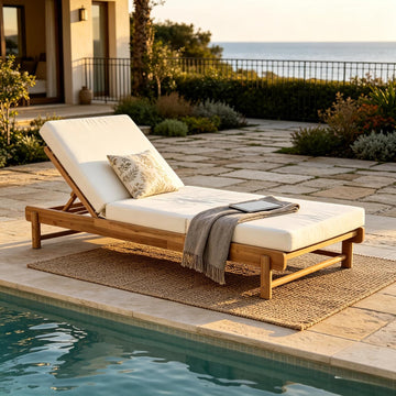 Patio Acacia Wood Chaise Lounge w/ Cushion, Outdoor Folding Chair Recliner | 1 Frame + 1 3-Fold 4" Thick Cream