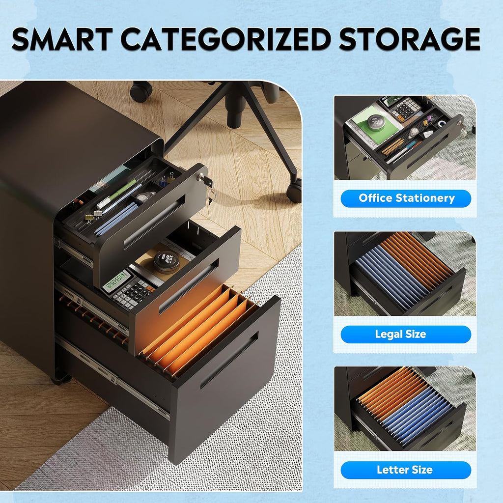 3 Drawer File Cabinet with Lock, Fully Assembled Except Casters | Thickened Metal Mobile Filing Cabinet, Under Desk