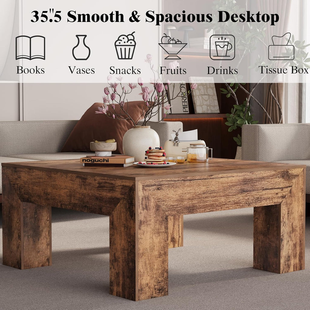 Wooden Square Coffee Table,35.5 inch Farmhouse Low Cocktail with Thick Base (Rustic Brown)