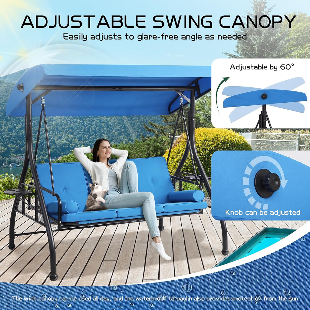 3 Seat Outdoor Patio Swing with Stand, 3-in-1 Porch Swing with Adjustable Canopy & Deep Cup Holders, Patio Glider