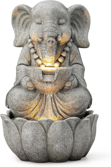 Outdoor Fountains and Waterfalls Zen-Style Concrete Resin Elephant Water Fountains with LED & Pump, Garden Patio