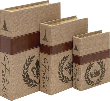 Decorative Book Boxes Set of 3 - Modern Faux Linen & Wood Hidden Storage Boxes for Coffee Table - Stackable Fake