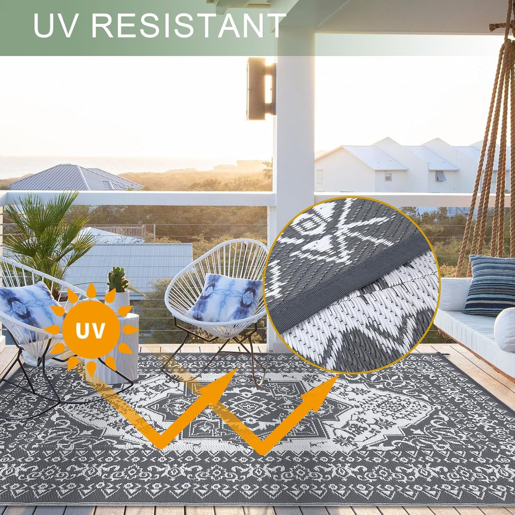 9x12 Outdoor Rug Waterproof Reversible Mat Indoor Outdoor Rugs Carpet, Boho Vintage Large Outdoor Pl