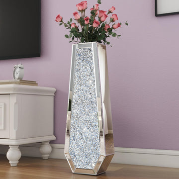 30" Floor Vase Crushed Diamond Mirrored Vase Silver Tall Vases for Floor, Large Crystal Glass Decorative Floor Vases
