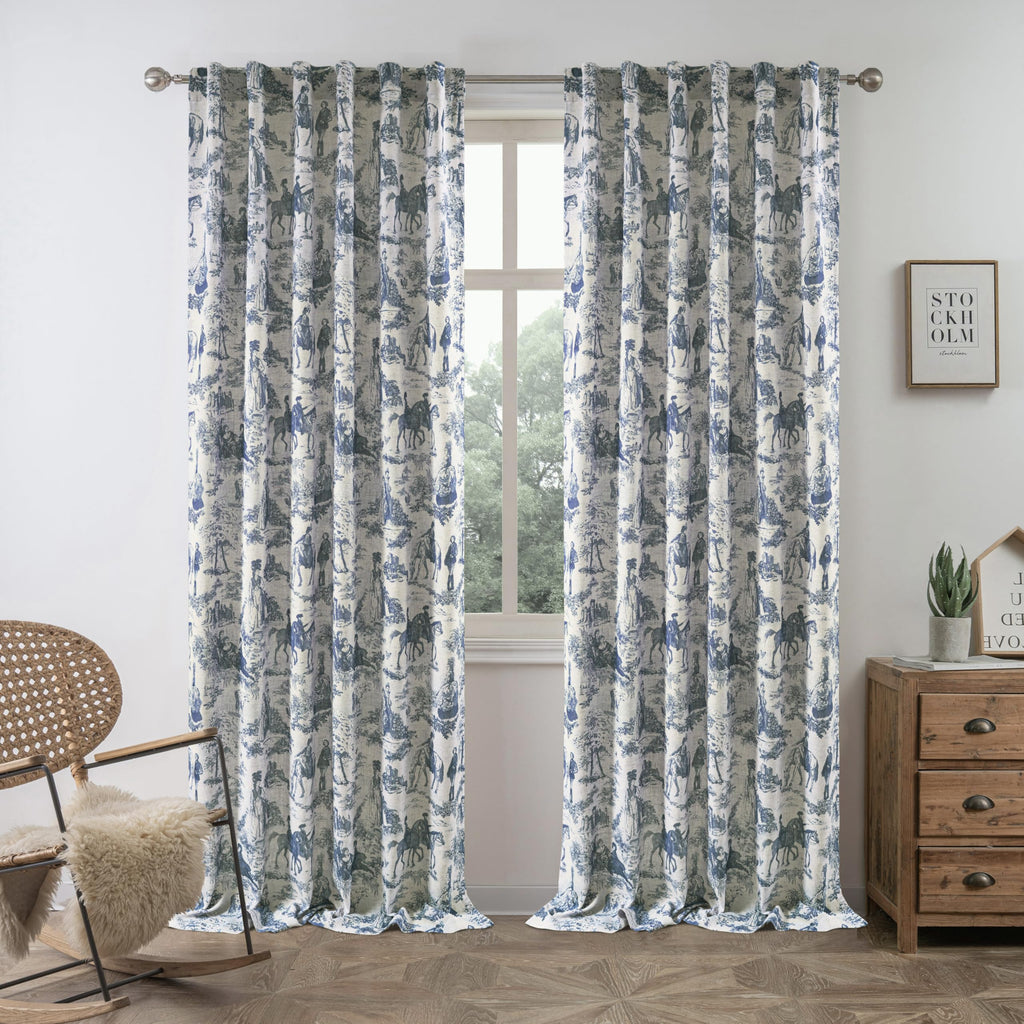 100% Blackout Curtains Toile Linen Back Tab, W52xL84, Navy