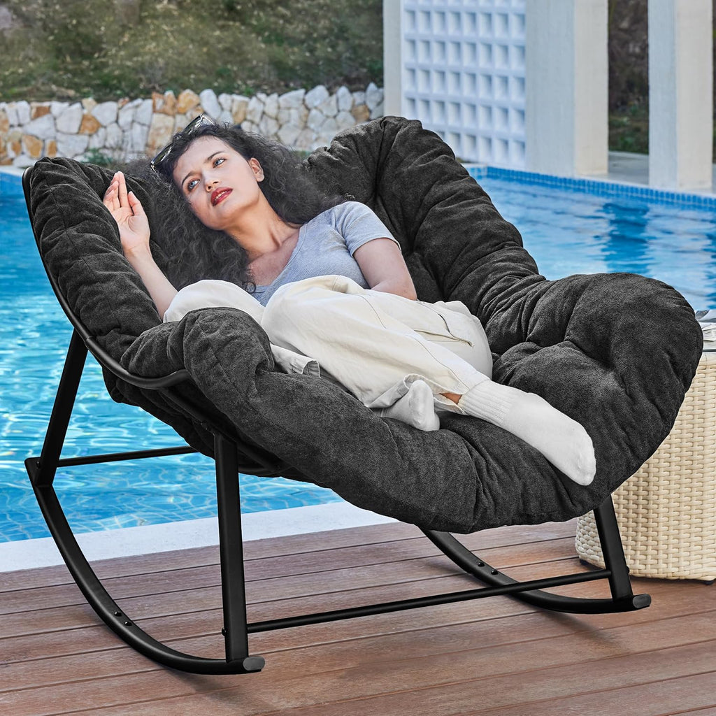 Oversized Papasan Rocking Chair with Cushion, Indoor Outdoor, Dark Grey | Lounge Chair with Cushion, Patio Egg Rocker