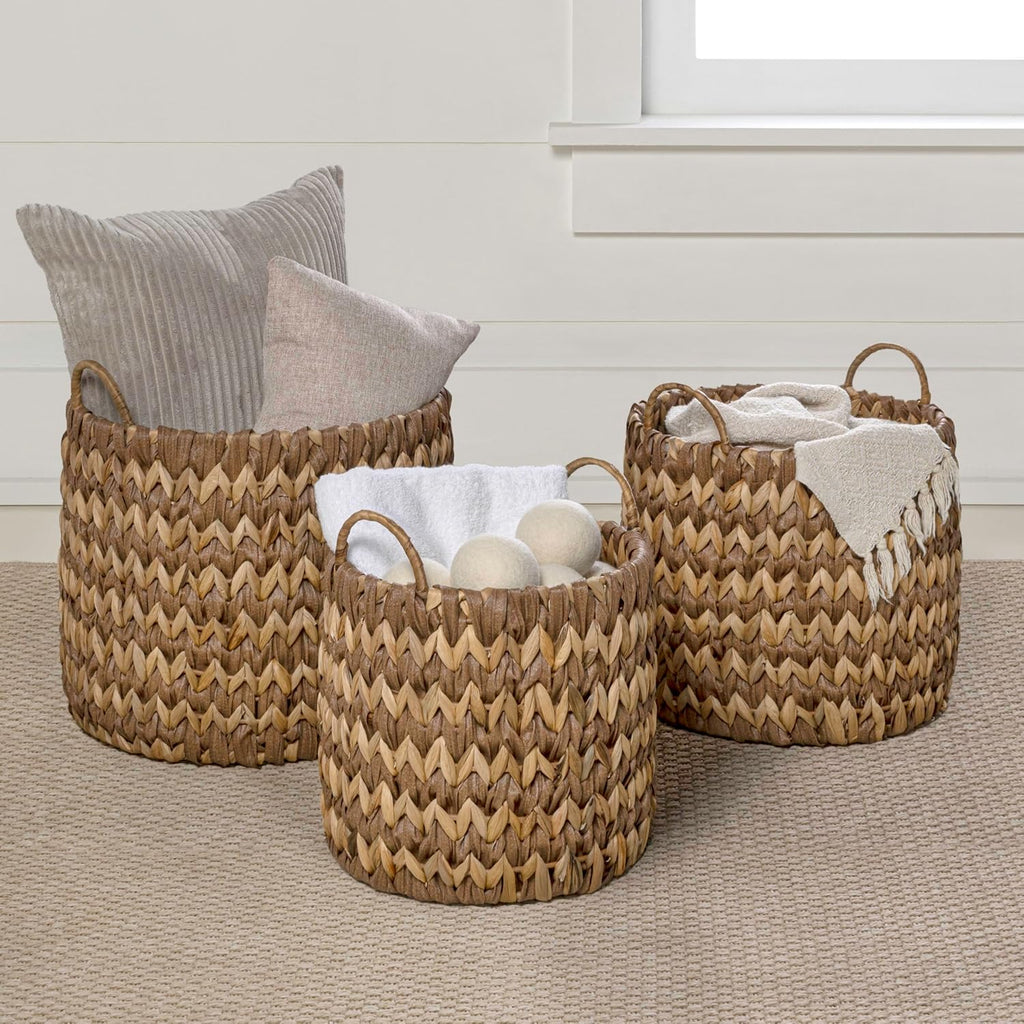 Cassia 3-Piece Handwoven Hyacinth Nesting Baskets, Brown/Natural | Two-Tone Style, Integrated Round Handles, Durable