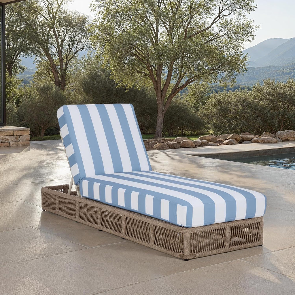 Outdoor Chaise Lounge Chair - Heather Tan & Baby Blue Stripe - Steel and Woven Rope - Adjustable 5-Position