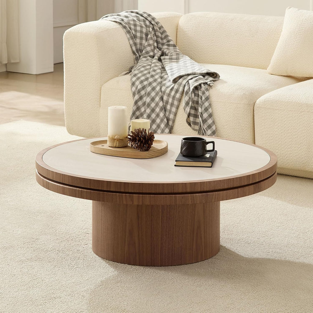 35.43" Round Coffee Table Sintered Stone for Living Room, Round Wood Pedestal Coffee Table with Travertine Texture Tab