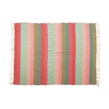 Woven Recycled Cotton Blend Striped Throw with Tassels, Multi Color