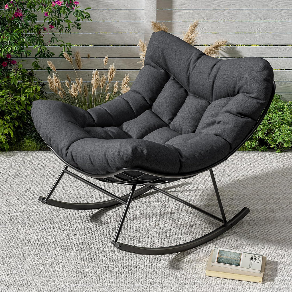 Oversized Outdoor Rattan Rocking Chair with Metal Frame