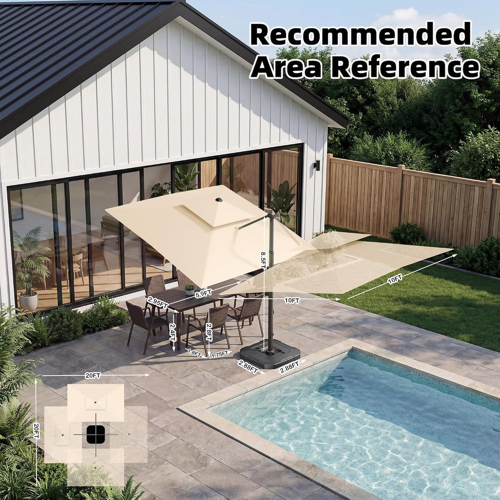 10x10 FT Cantilever Patio Umbrella Double Top Outdoor Square Large Heavy Duty Aluminum Offset Umbrellas with 7 Level
