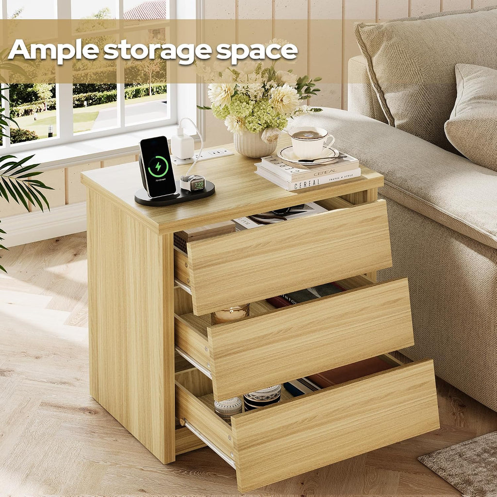 23" Wide Nightstand Set of 2 with Charger Station, Modern Night Stand with 3 Drawers, Wood End Table with USB Ports