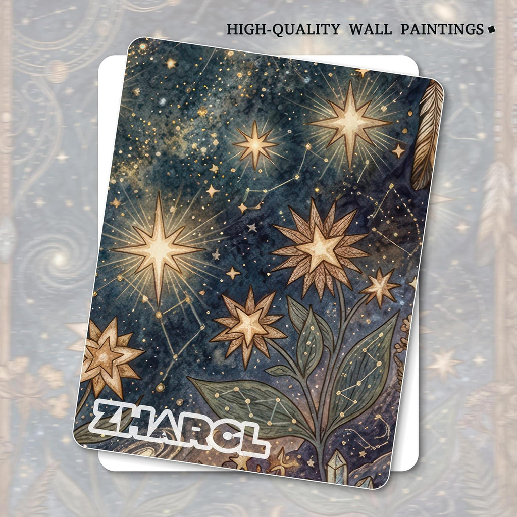 Tarot Card Wall Art Set of 3, Boho Floral Moon and Stars Canvas Wall Decor Painting, Vintage Sun And Moon Celestial