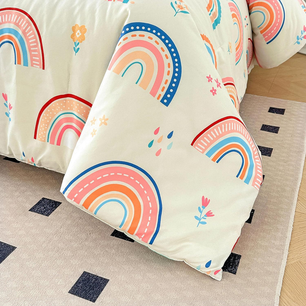 Lightweight Soft 3 Piece Rainbow Comforter Set with 2 Pillow Covers, Cartoon Love Hearts Flowers and Grass Bedding
