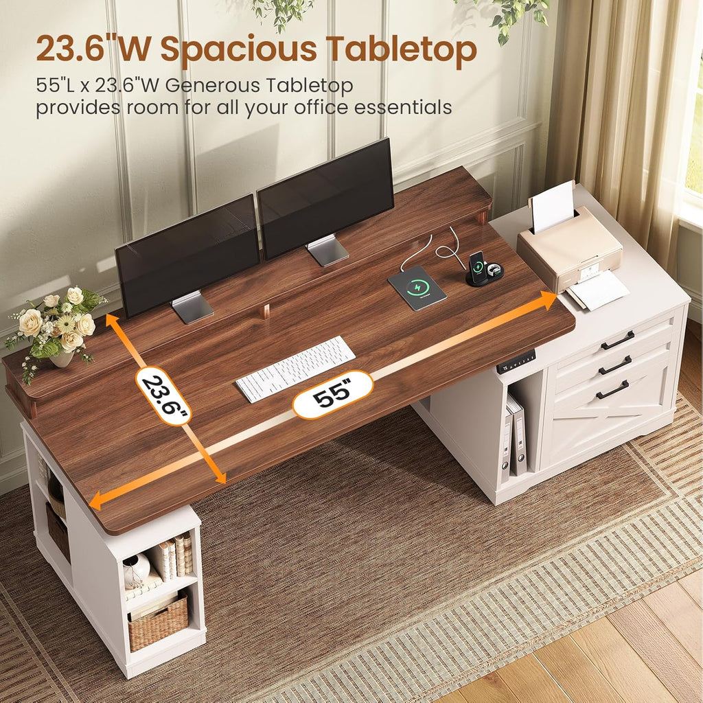Farmhouse Electric Standing Desk, 55" Height Adjustable Computer Desk with 3 Drawers, File Cabinet, Storage Shelves