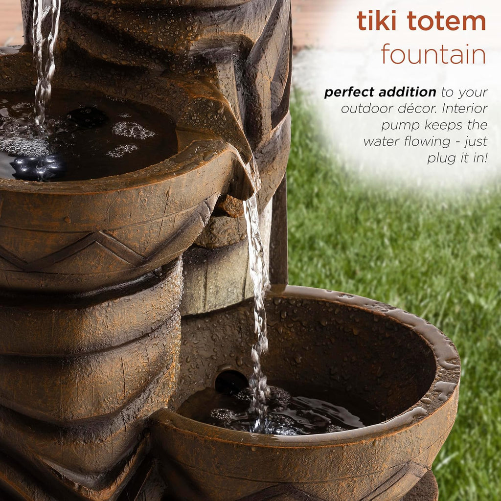 29"H Outdoor 3-Tiered Tiki Head Bowl Waterfall Floor Fountain with Cool White LED Lights, Brown