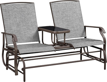 Outdoor Glider Bench Patio Loveseat with Table, Gray | Steel frame, Texteline fabric and tempered glass table provide