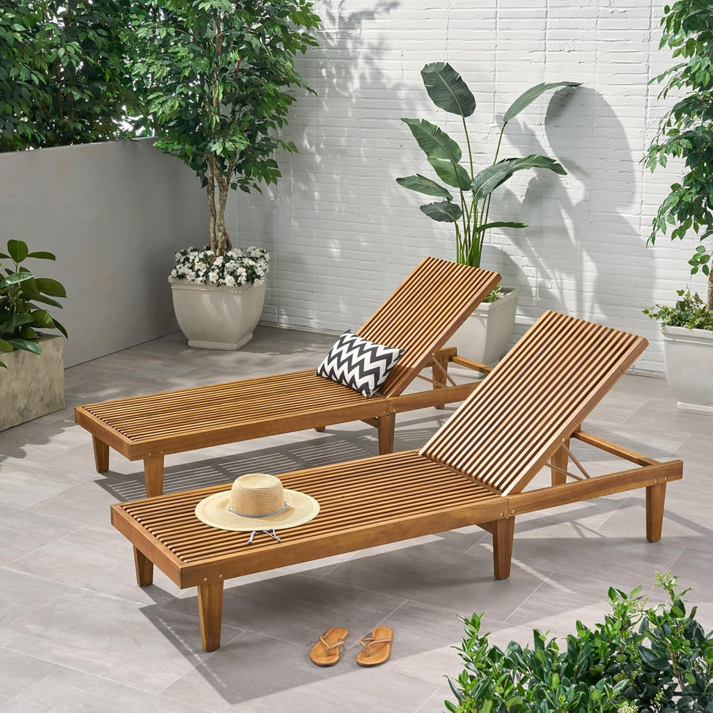 Nadine Set of 2 Outdoor Patio Wood Adjustable Chaise Lounges, Acacia Wood Poolside Sun Lounger Set