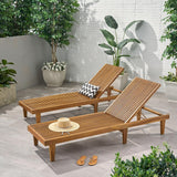 Nadine Set of 2 Outdoor Patio Wood Adjustable Chaise Lounges, Acacia Wood Poolside Sun Lounger Set