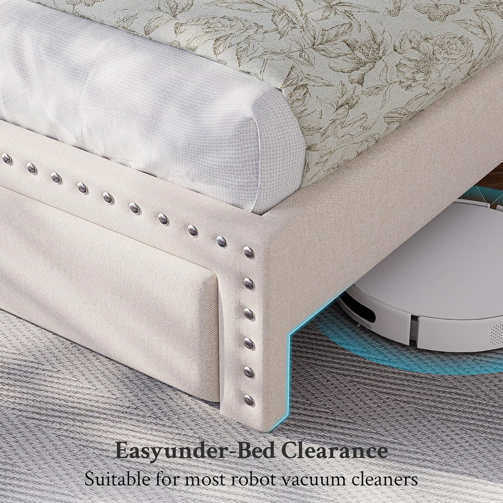 King Bed Frame with 2 Storage Drawers & Upholstered Headboard,No Box Spring Needed, Easy Assembly, Noise Free, Beige