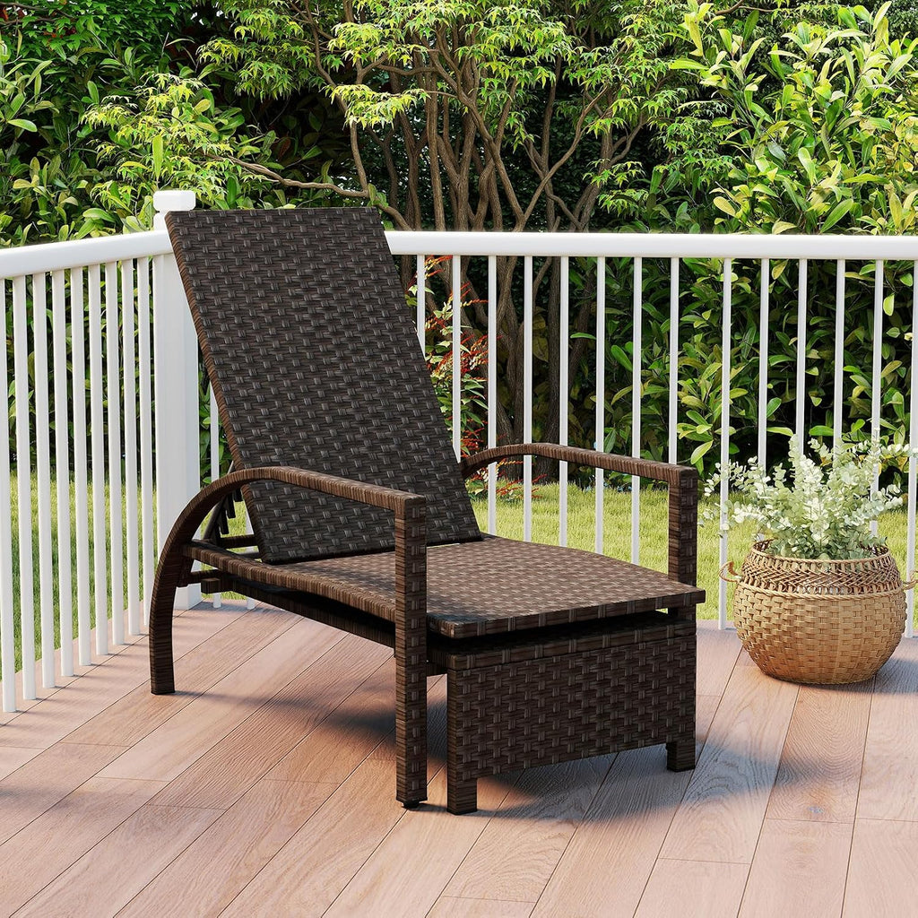 Outdoor Rattan Wicker Chaise Lounge Chair with 6-Position Backrest, Retractable Ottoman, Armrests, Patio Reclining