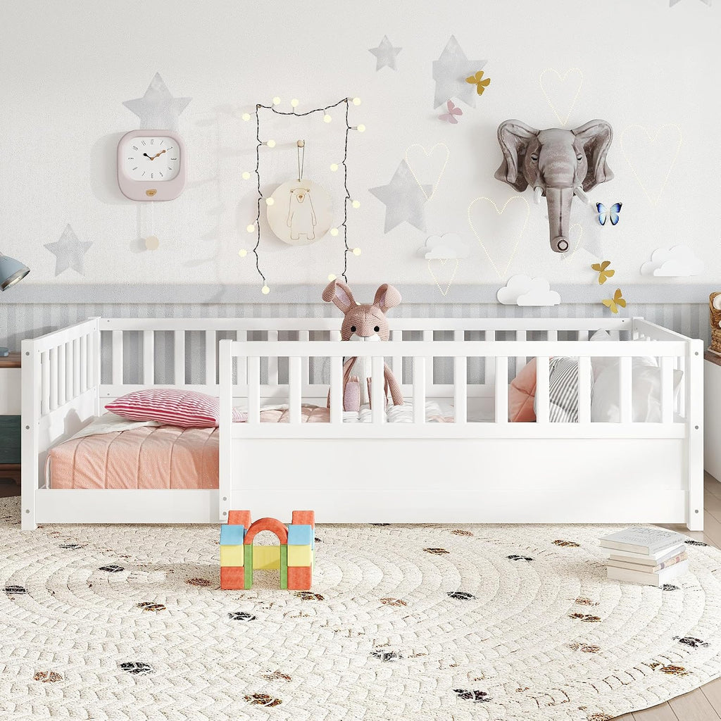 Twin Size Kids Montessori Floor Bed Frame with High Fence,White | Solid Wood,Full Surround Safety Guardrails,Slat