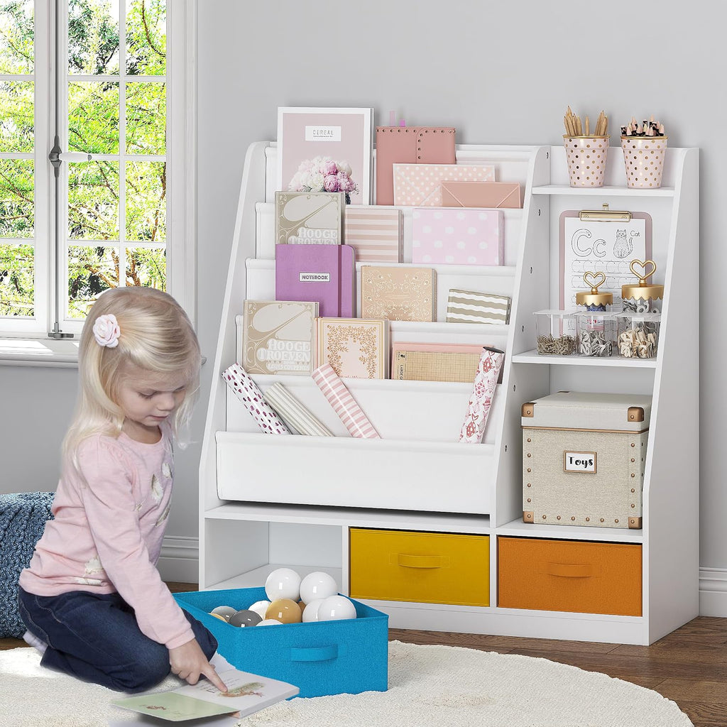 5-Tier Kids Sling Bookshelf with Storage Bins, Wood Children Bookcase, Toddler Montessori Book Shelf for Kids Room