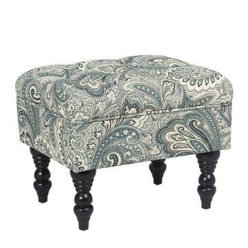20'' Tufted Ottoman- Vanity Ottoman Stool with Sturdy Wood Legs- Mid-Century Teal Boho Paisley Floral Faux Linen
